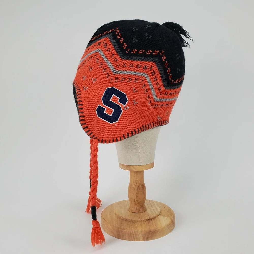 NCAA Syracuse Orange Knit Chullo Beanie Hat Fleece Lined Orange Navy Blue Tassel